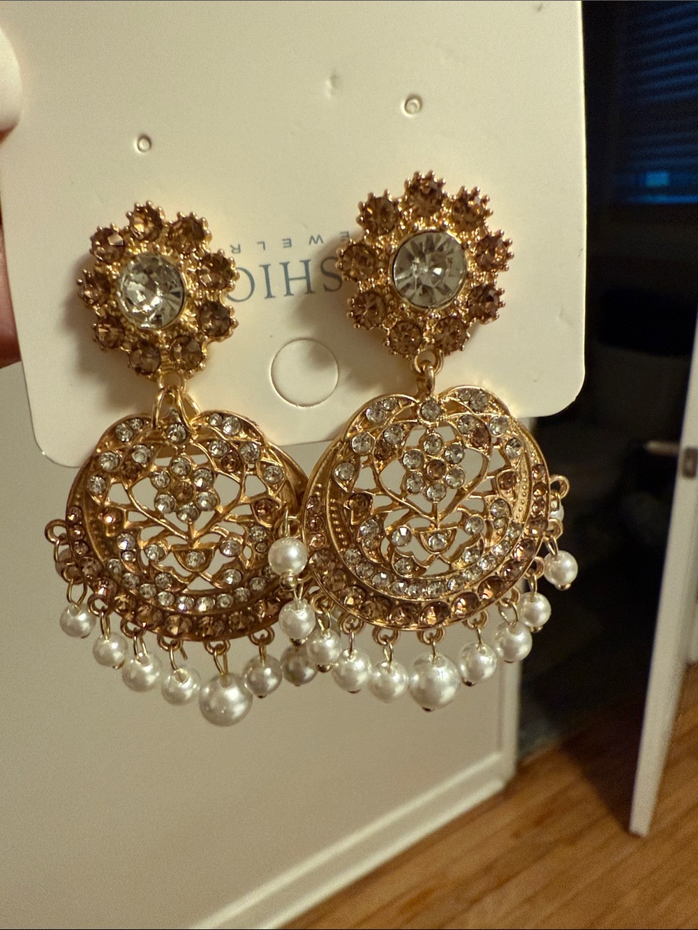 Gold Crystal and Pearl Drop Earrings by